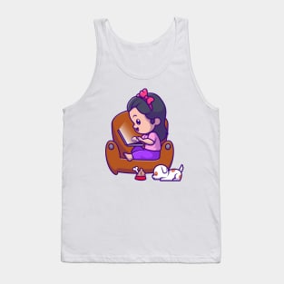 Cute Girl Operating Laptop With Puppy Cartoon Tank Top